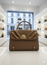 ZRA TAN TOP-HANDLE SATCHEL BAG WITH GOLD MONOGRAM HARDWARE LADIES SLING BAG